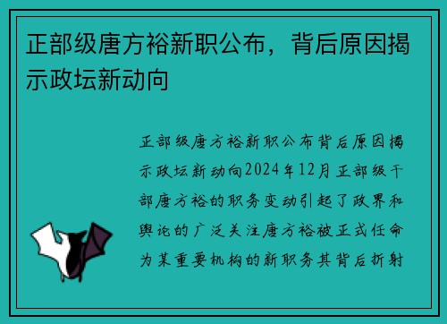 正部级唐方裕新职公布，背后原因揭示政坛新动向