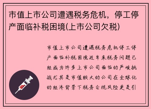 市值上市公司遭遇税务危机，停工停产面临补税困境(上市公司欠税)