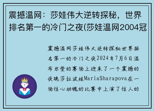 震撼温网：莎娃伟大逆转探秘，世界排名第一的冷门之夜(莎娃温网2004冠军)