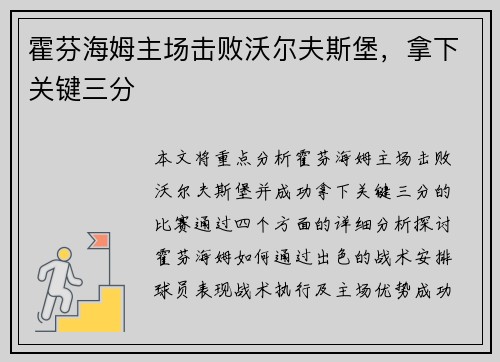 霍芬海姆主场击败沃尔夫斯堡，拿下关键三分