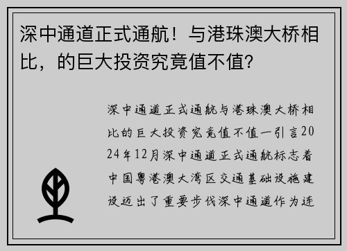 深中通道正式通航！与港珠澳大桥相比，的巨大投资究竟值不值？