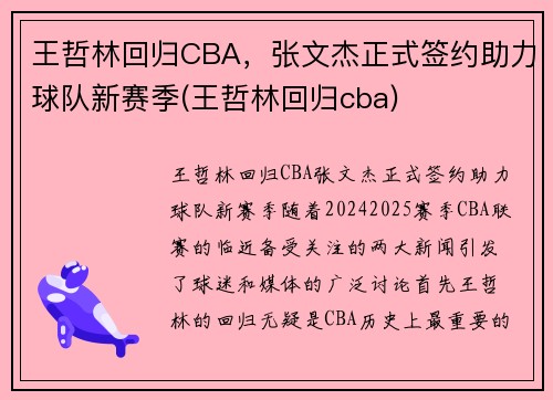 王哲林回归CBA，张文杰正式签约助力球队新赛季(王哲林回归cba)