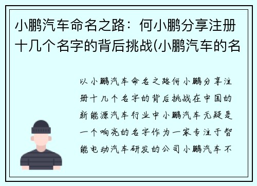 小鹏汽车命名之路：何小鹏分享注册十几个名字的背后挑战(小鹏汽车的名字怎么取得)