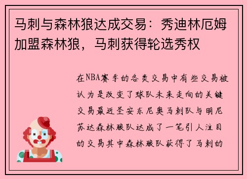 马刺与森林狼达成交易：秀迪林厄姆加盟森林狼，马刺获得轮选秀权